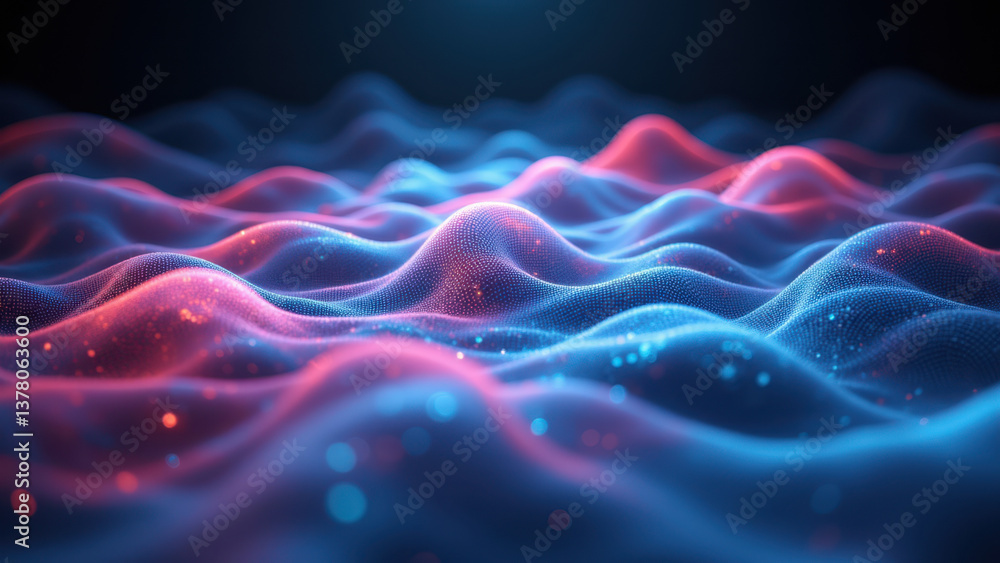 Poster vibrating wave patterns with a digital appearance against a dark backdrop.