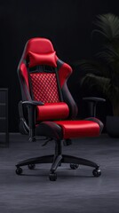 Fototapeta premium A red and black gaming chair with a headrest sits on a textured floor in front of a black wall