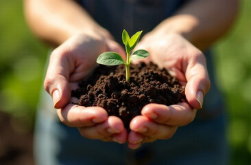 Fototapeta premium Woman holds plant in hands. Plant seeding concept, season