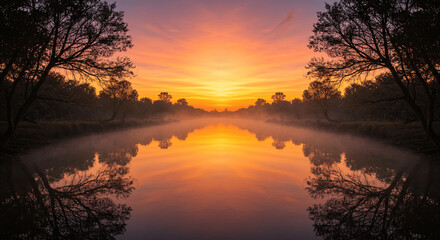 Naklejka premium Serene river landscape at sunset with willow trees