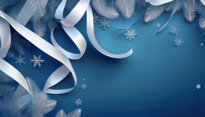 blue background with white ribbons and snowflakes