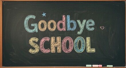 Goodbye school chalkboard art with colorful letters and cute sketches