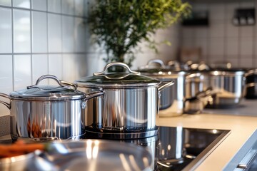 Shiny stainless steel pots and pans arranged on a kitchen counter. AI generated illustration.