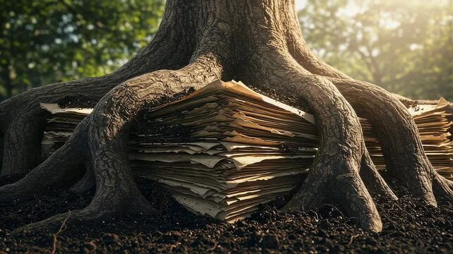 Tree roots growing around stacks of old papers in a forest setting, representing deep rooted history, foundational knowledge, bureaucratic entanglement, historical archives, or enduring legacy