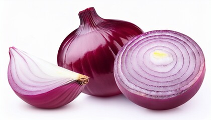 whole and sliced purple onion with pieces isolated on white background