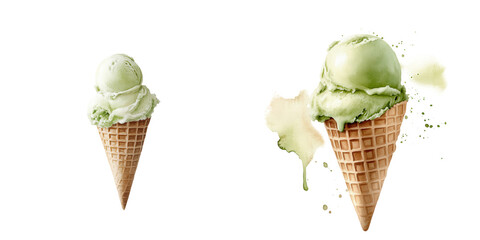 Delicious Green Ice Cream Cones with Melting Scoops on White Background