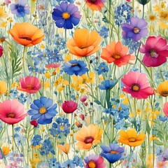 A vibrant garden filled with colorful flowers in full bloom, a mix of various flowers, creating a lively and picturesque scene. 