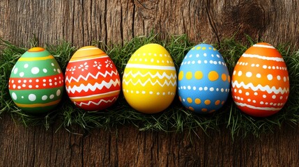 Five Colorful Decorated Eggs Resting on a Wooden Background