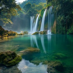 Obraz premium Serene waterfall cascade in lush green forest with clear pool reflection