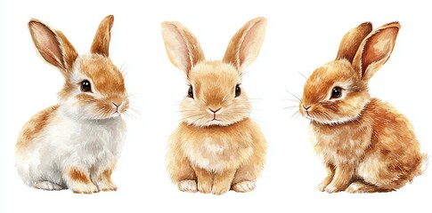Fototapeta premium Three Adorable Watercolor Bunnies Sitting Together on a White Background