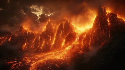 Glowing orange lava flowing down erupting volcano at night. Smoke and ash rise into the dark, cloudy sky, surrounded by snow-capped mountains and forests.
