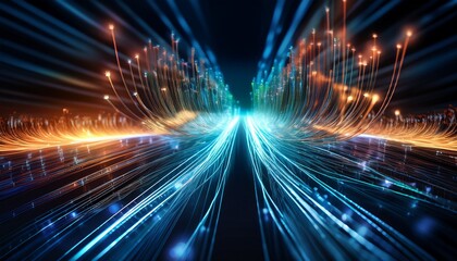 Obraz premium glowing energy streams pulsing through fiber optic cables visualizing quantum computing networks and advanced digital communication infrastructure
