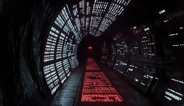 Futuristic tunnel with glowing panels and coded walls