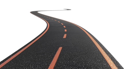 Winding asphalt road stretches into a bright horizon