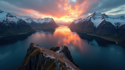 A breathtaking landscape in Norway during dawn with cloudy skies, viewed from above, showcasing nature's beauty.