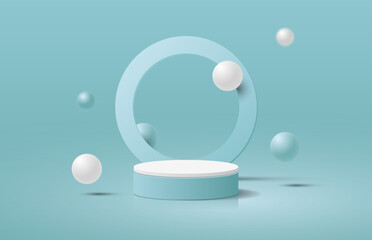 Abstract 3D white blue cylinder podium with round circle shape background, Sphere balls floating on the air. Soft clean studio room. 3D vector geometric platform design. 3D stage for show products.