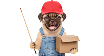Isolated Pug Dog Delivering Package