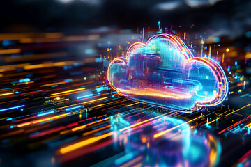 Fototapeta premium Digital cloud of flowing programming syntax in neon blue and green, glowing on a dark futuristic backdrop with dynamic lines representing technology and innovation