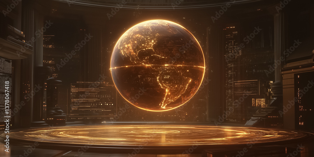 Poster digital globe illuminated in gold hue rotates in a futuristic control room. high-tech data screens s