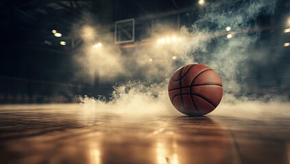 Basketball on court, dramatic lighting and smoke