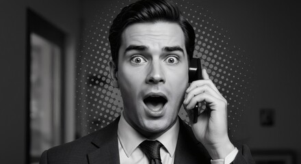Surprised man pop art black white phone call