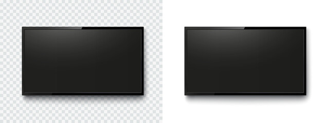 Screen or photo frame isolated on transparent background. Black flat led computer monitor, tablet display. Vector blank lcd, plasma TV mockup