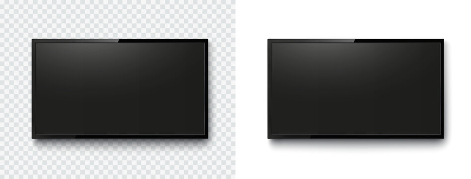 Screen or photo frame isolated on transparent background. Black flat led computer monitor, tablet display. Vector blank lcd, plasma TV mockup