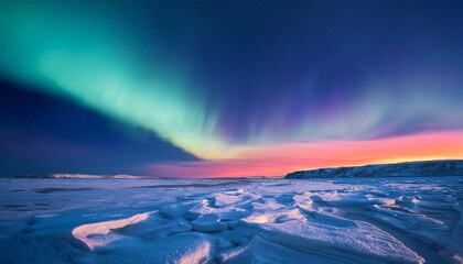 Fototapeta premium indigo and peach aurora borealis dancing over an icy tundra n long exposure magic