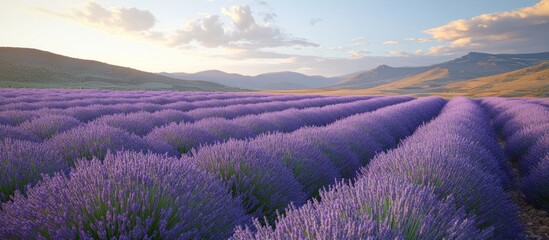 Fototapeta premium Lavender field at sunrise, rows of purple flowers, mountains in background, perfect for nature, travel, and tourism