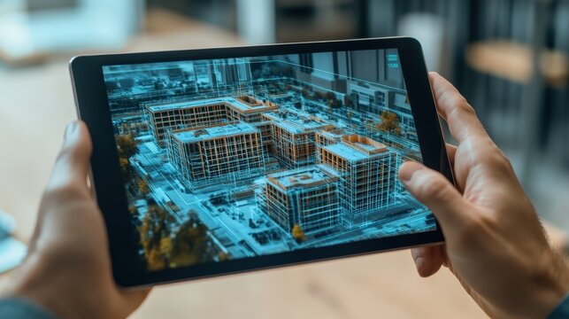 Architect reviewing 3D building model on digital tablet device modern technology construction planning