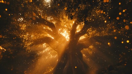 A giant ancient tree with a glowing magical aura