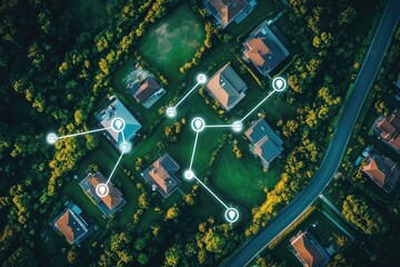 Aerial view of property mapping with location markers and connected lines. AI generated illustration.