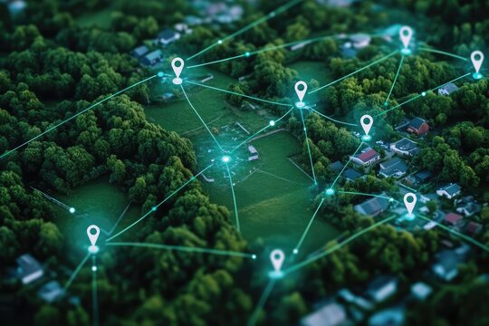 Aerial view of property mapping with location markers and connected lines, illustrating smart real estate planning, GPS navigation, and digital geolocation networks. AI generated illustration.