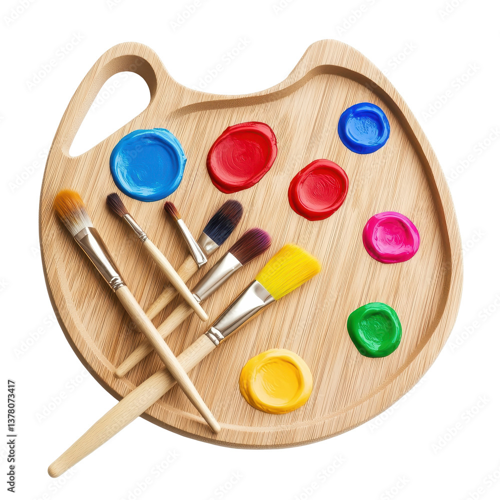 Poster creative wooden art palette with bright paint blobs and brushes ready for painting projects, wooden 
