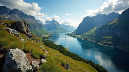 High-quality photo of a Norwegian scene with sunny skies at midday, shot from an elevated viewpoint.