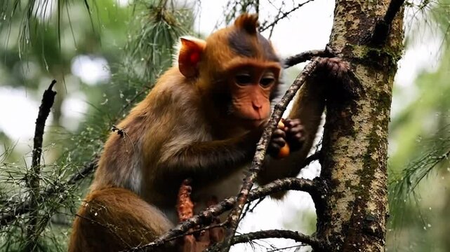 Monkey Climbing a Tree Looking Up in Forest Environment Footage