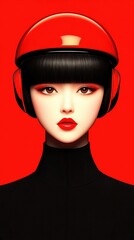 Stylized digital portrait. Woman wearing red cap and headphones with a black turtleneck against red backdrop