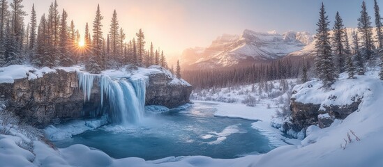 Fototapeta premium Winter Waterfall Sunrise Mountain Landscape
