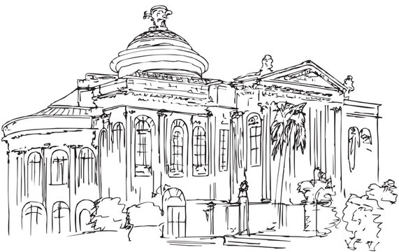 Ink sketch of the Teatro Massimo Vittorio Emanuele is an opera house 1897 in high neoclassical style, largest theatre located on the Piazza Verdi in Palermo, Sicily, Italy