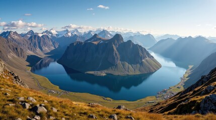Obraz premium Stetind mountain in Norway illuminated by bright sunlight during mid-day, photographed from a wide panoramic angle.