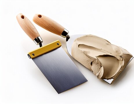 beige putty and two spatulas isolated with white background