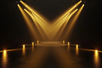 A black background with yellow spotlights shining down stage lighting concert.