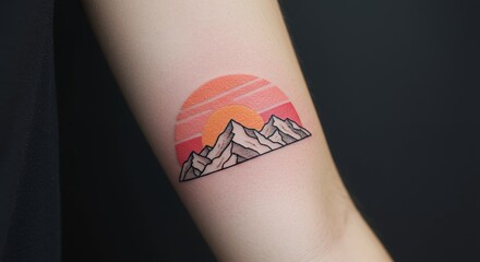Arm with a mountain range tattoo and a sunset in vibrant colors