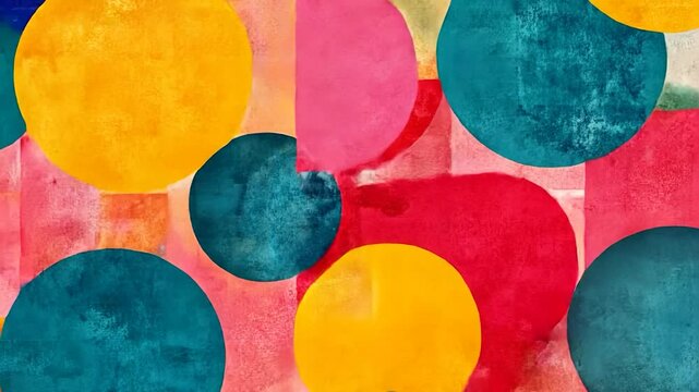 Abstract artwork with textured circles in red, teal, and yellow on a mottled background