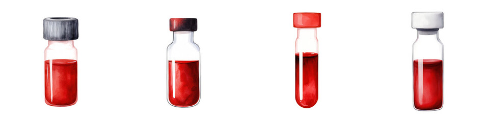 Four Laboratory Vials with Red Liquid on Transparent Background