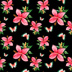 Fototapeta premium Seamless tropical pattern with vibrant hibiscus flowers and colorful butterflies on a bold black background. Exotic floral design for fashion and decor.