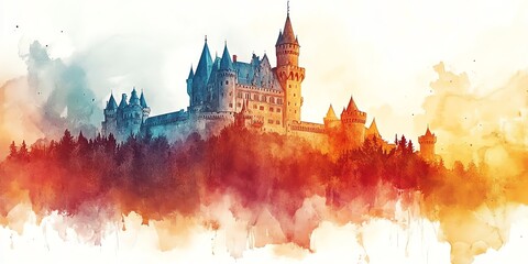 Watercolor Castle on Hill Illustration with Colorful Washes of Paint