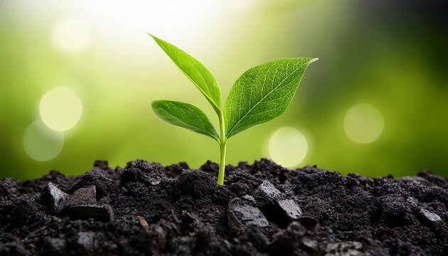 green plant sprout and biochar in the soil biochar increases the carbon content of the soil increasing its fertility and providing optimal conditions for plant growth