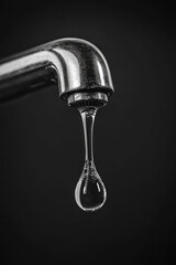 A dripping metal tap over a stainless steel sink, with one droplet captured mid-fall, emphasizing
