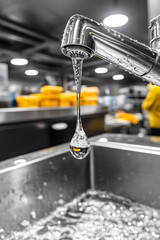 A dripping metal tap over a stainless steel sink, with one droplet captured mid-fall, emphasizing